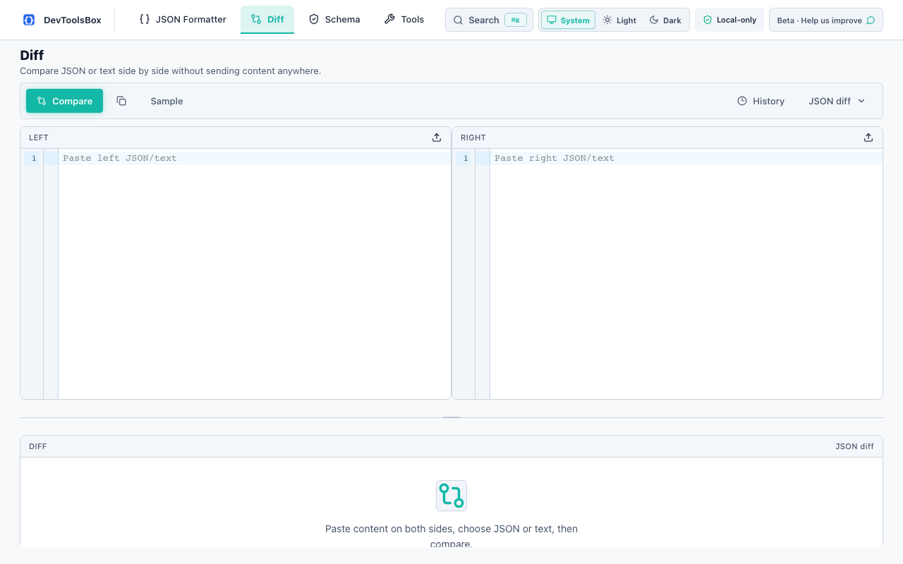 DevToolsBox Diff comparing two JSON payloads side by side with highlighted changes