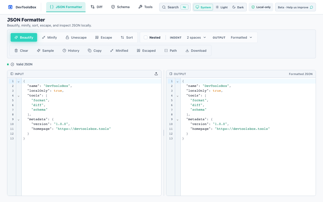 DevToolsBox JSON Formatter showing beautified JSON in a split input and output editor