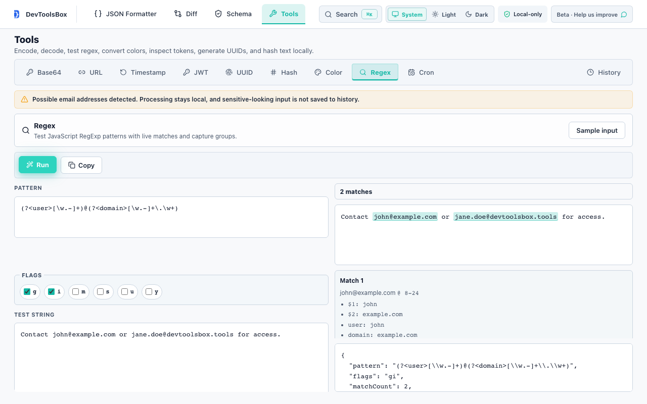 DevToolsBox regex tester showing matches and capture groups